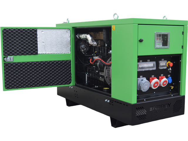 Stromerzeuger Diesel 25kVA 230V 50Hz, 1500 U/Min
Dieselmotor KOHLER KDI 250 4M(EU Stage IIIA), Elektrostart, 55 Liter Tank
Synchrongenerator 4 Pole Bürstenlos mit AVR Regelung
Schallverhaubung, Steuerung Comap AMF 25 (digitale Anzeige für Spannung, Strom, Frequenz, Tankinhalt), Not Aus Schalter, Batterieladegerät inkl. externen Geräteanbaustecker, Betriebswahlschaltung IT/TN (Feld/ Haus) CEE 400V 32A 3P+N+T, CEE 230V 16A 2P+T